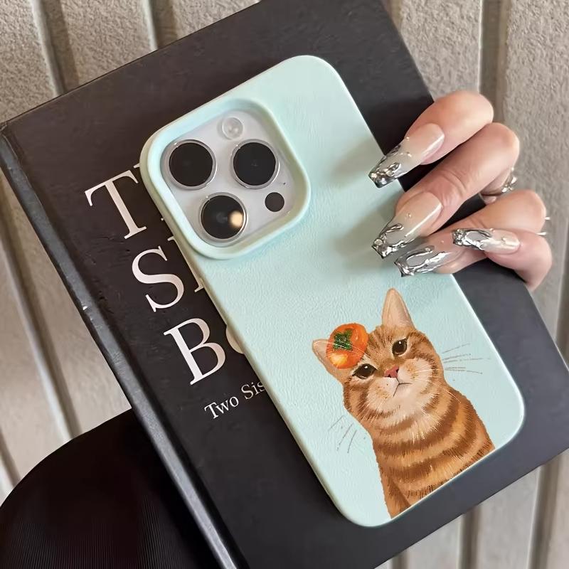 

Persimmon Orange Cat Pattern Phone Case For iPhone 17 Pro Max 16 Plus 15 Pro 14 13 12 11 XR 17Air Lychee Textur Soft Cover iPhone 11 Pro светло-зеленый
