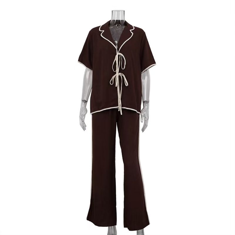 

Fashion New Fashion Casual Short Sleeve Shoelace Top and Trousers Suit Loose Top and Pants Set Brown S