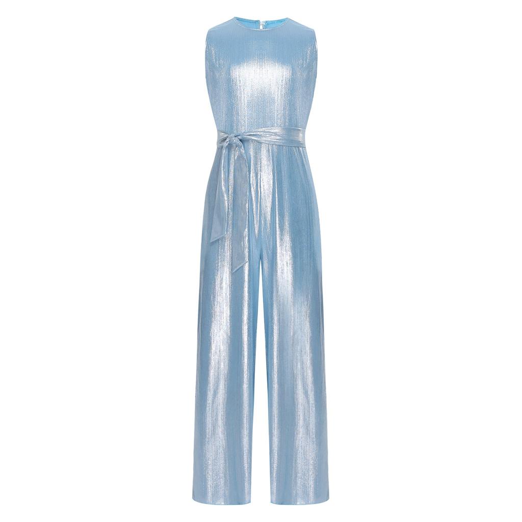 Mono de Concurso de Cumpleaños para Niñas Sin Mangas Cuello Redondo Metálico Acanalado Mameluco Pierna Ancha Body Detalle de Cinturón