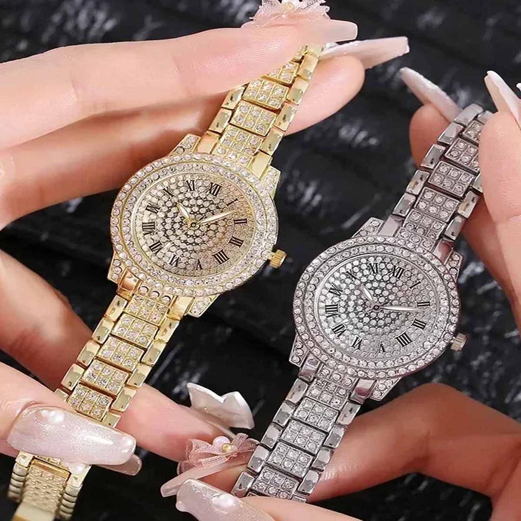 1pc-Ladies' Diamond Inlaid Quartz Watch, Rose Gold Roman Numeral Full Diamond, Niche Style