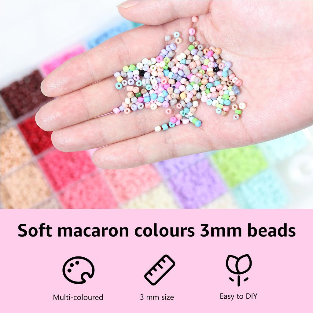 BetterJonny 3mm Glass Seed Beads, Round Seeds, 41 Colors, Approx. 10,250 Pieces/Box, DIY Accessory Kit Supplies for Crafts and Jewelry Making
