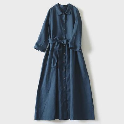 Rochie pentru femei de toamnă 2023 în stil japonez cu rever - bumbac și in, talie din dantelă literară, culoare uni, lungime medie