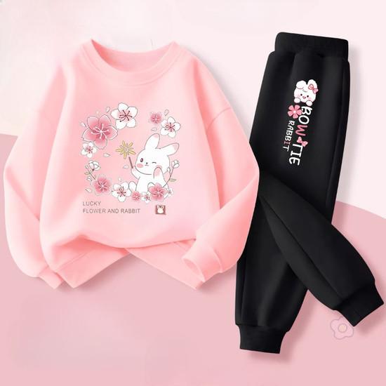 Cute Rabbit Printed Baby Girls Spring New Style Hoodies Sets Children's Sweatshirt Sweatpant Two Piece Suit Kids Outdoor Outfits