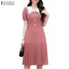 ZANZEA Women Casual Navy Collar Loose Short Sleeve Pleated Dress