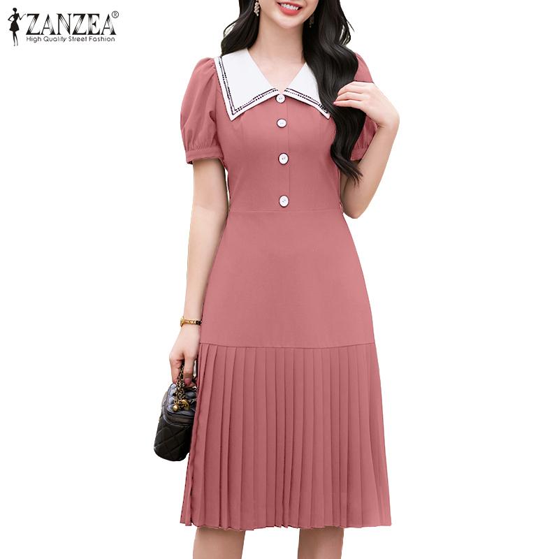 ZANZEA Women Casual Navy Collar Loose Short Sleeve Pleated Dress
