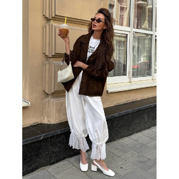 Linad Vintage Loose Lace Pencil Pants For Women White Elegant Elastic Waist Trousers Street Chic Ankle Length Pants 2025 Summer