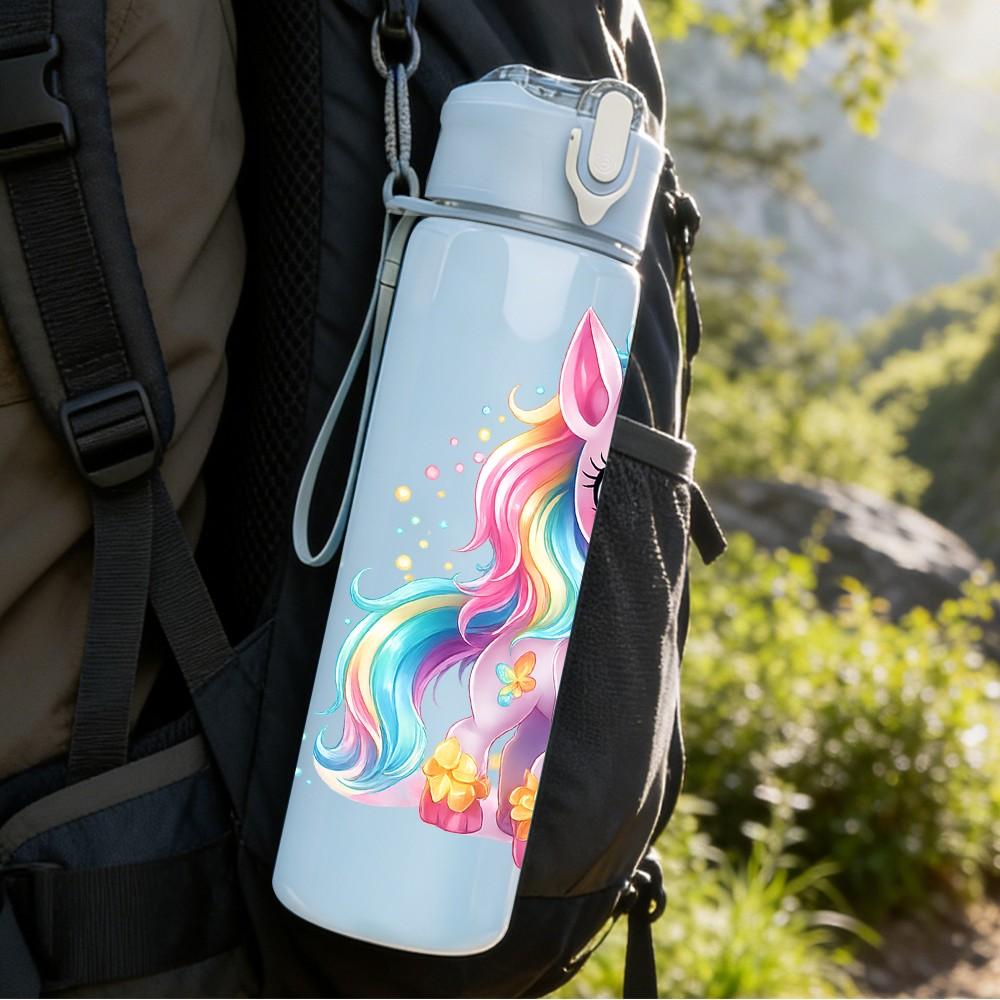 1PC Bright Pastel Unicorn Character Print 750ml Color Plastic Sports Water Bottle Leakproof Flip Straw Lid Suitable for Sports Office Home Use