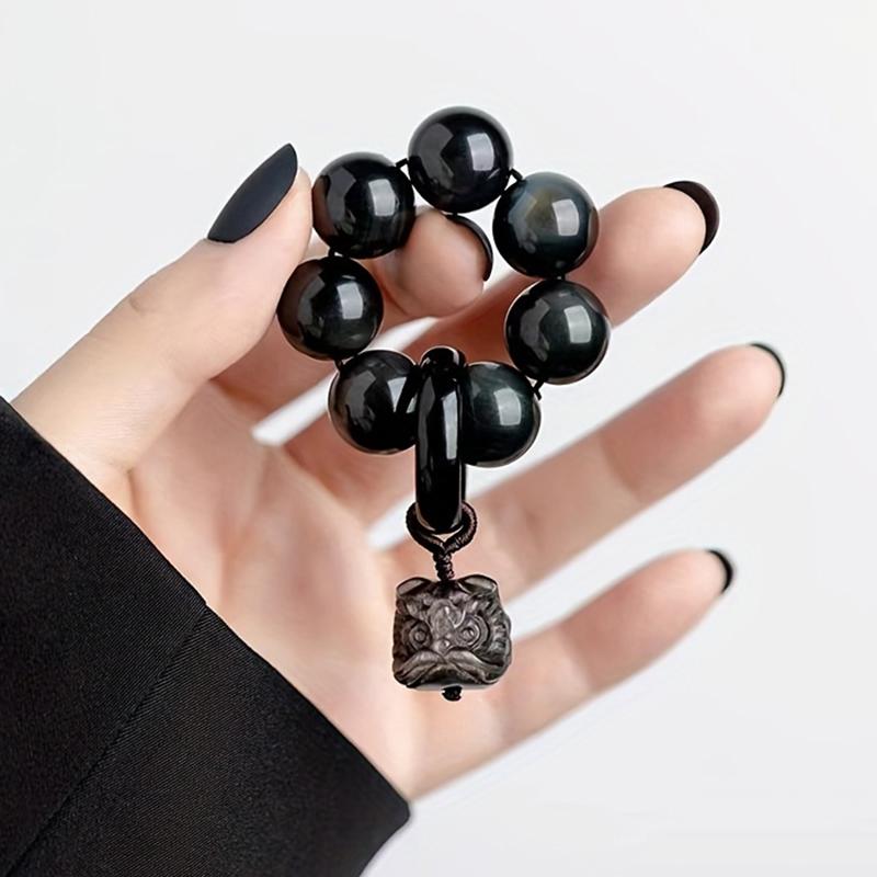 Black Awakening Lion Pendant Beaded Hand Twist Feng Shui Obsidian Bead Bracelet Men'S Women'S Wealth Good Luck Accessories