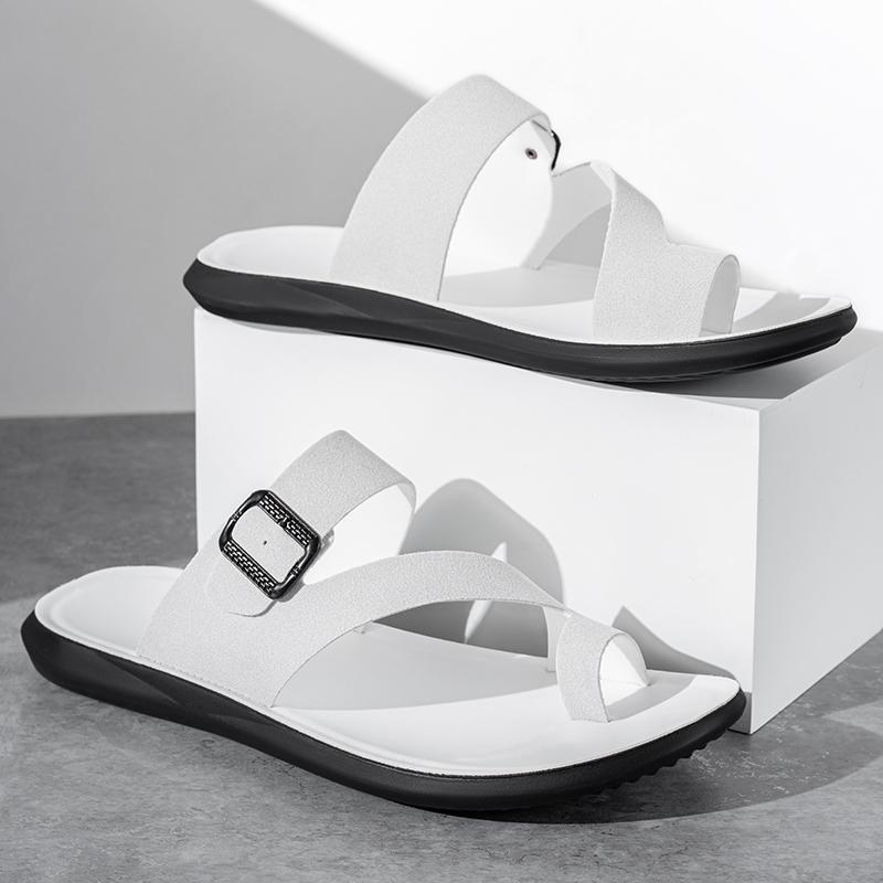 Men Flats Slippers Summer White Roman Sandals Retro Black Brown Leather Wide Head Beach Shoes Plus Size