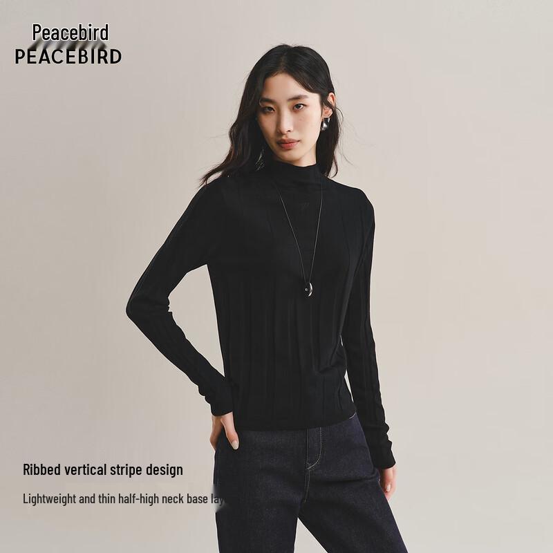 Peacebird Women's Vertical Stripe Semi-High Neck Knit Sweater
