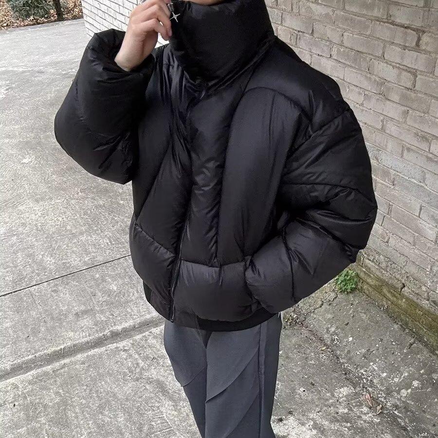 Men's Vintage American-Style Cotton Jacket: Trendy, High-End, Warm, Short Stand Collar, Black Coat for Autumn and Winter
