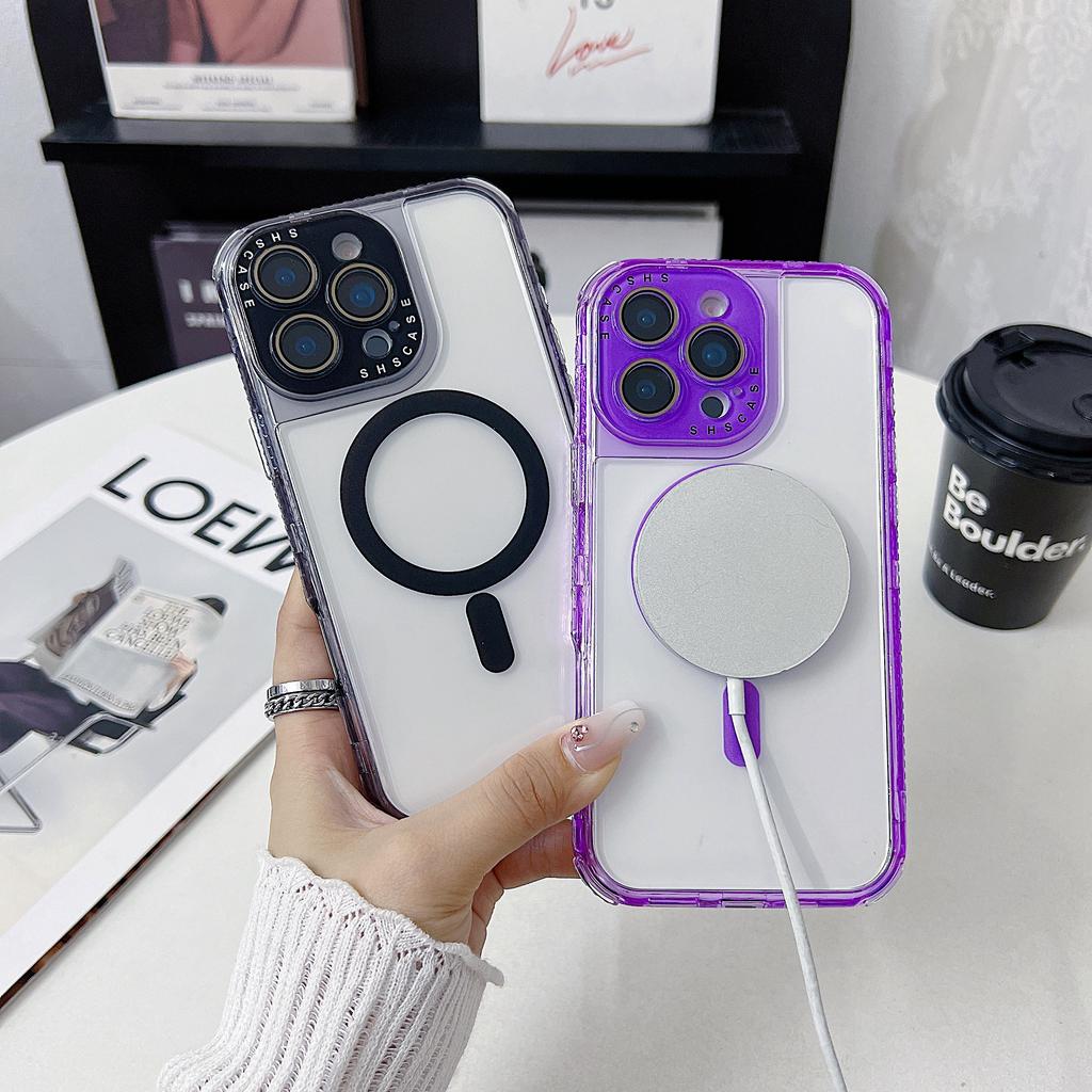 For iPhone 16 Pro Magnetic Case Clear Colorful Frame TPU+PC Phone Back Cover with Lens Film