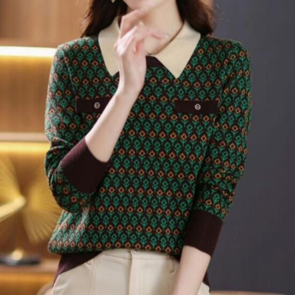 Navava Women Color Pattern Point Collar Long Sleeve Knit Top Nk3534
