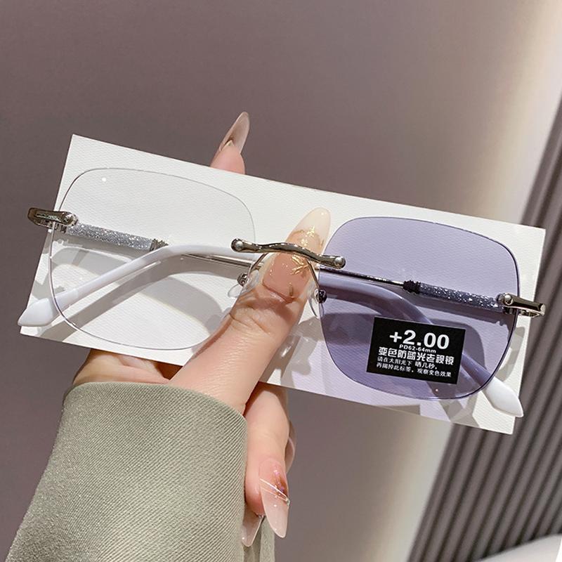2Pcs Unisex Luxury Photochromic Reading Glasses Fashion Rimless Color Changing Eyewear For Men Women Outdoor Anti-Uv Presbyopia