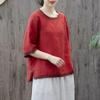 Retro Cotton Linen Embroidered Round Neck T-shirt with Five-Point Sleeves - Summer Plus Size Loose Fit for Women