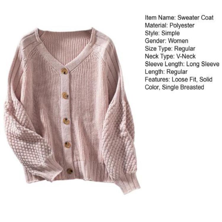 Loose Knitted Sweater Coat Women Solid Color V Neck Lantern Long Sleeve Cardigan Single Breasted