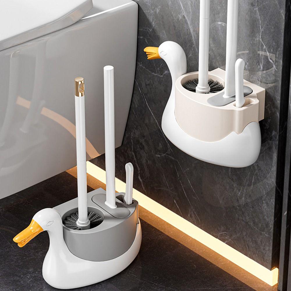 Wall-Mounted Cartoon Swan Toilet Brush With Base White Grey Cleaning Tool Soft Rubber Brush Head All-Round Cleaning