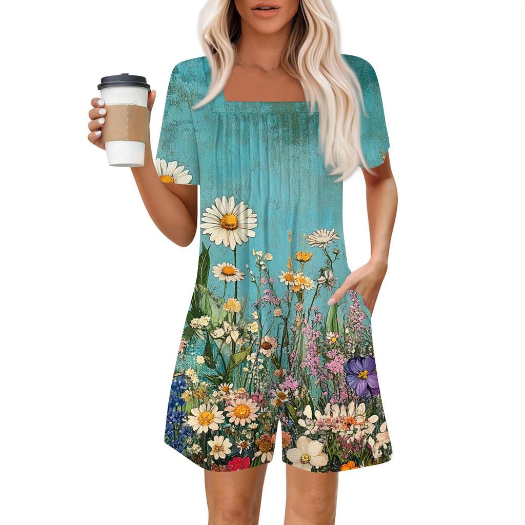 Women's Fashionable And Casual Short-sleeved Pleated Pocket Jumpsuit Printed Jumpsuit Shorts