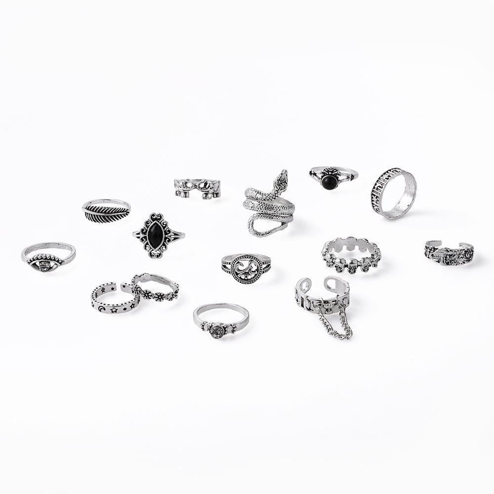 Retro Feather Floral Snake Star Moon Hollow 14 Piece Ring Set