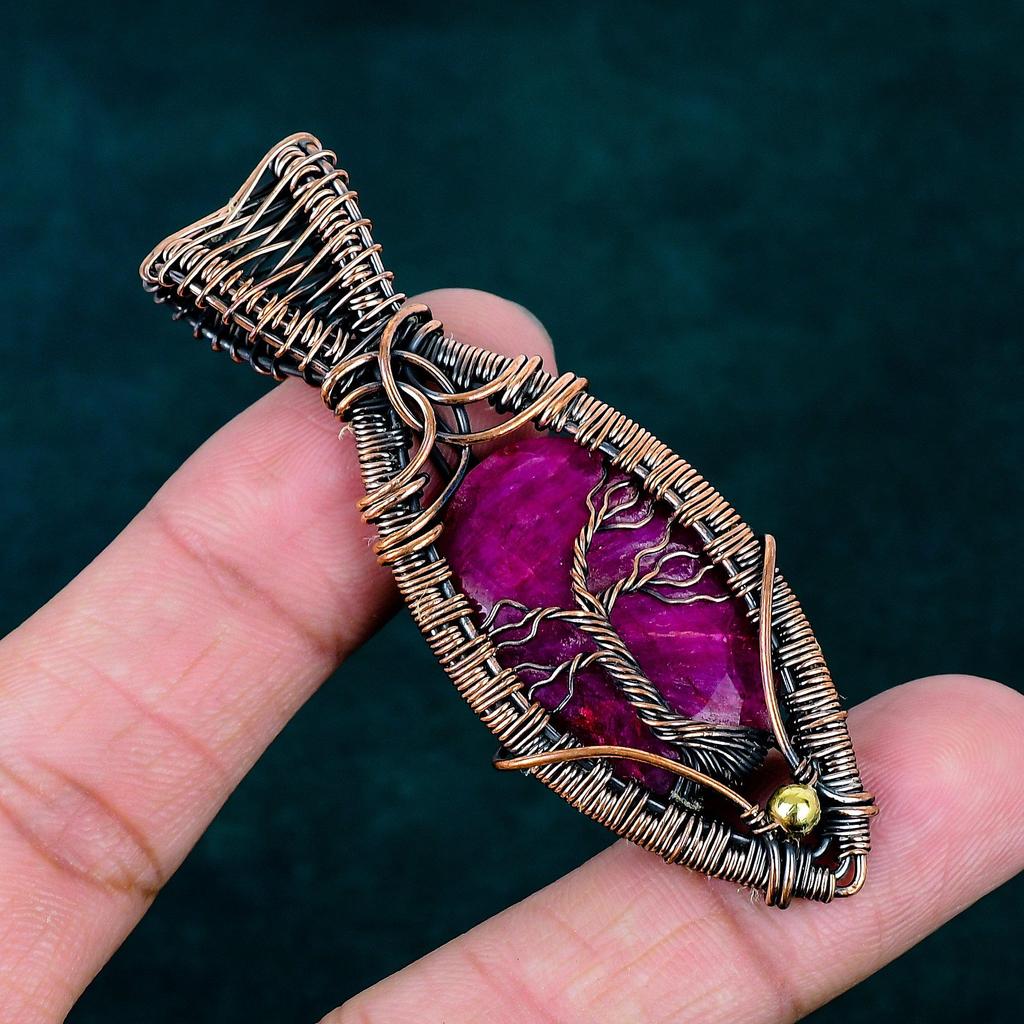 Faceted Kashmir Ruby Pendant Handmade Elegant Jewelry Copper Wire Wrapped Jewelry Real Gemstone Pendant Tree of Life Jewelry Gift for Him