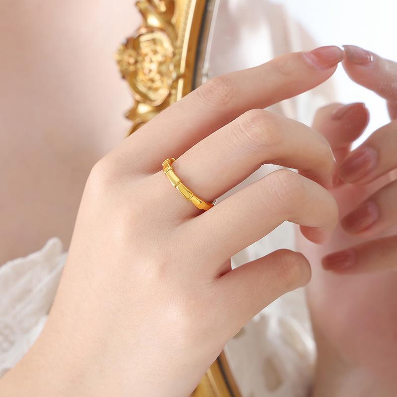 Hong Kong Retro Bamboo Titanium Steel 18K Gold Non-Fading Ring – Versatile Women's Summer Jewelry.