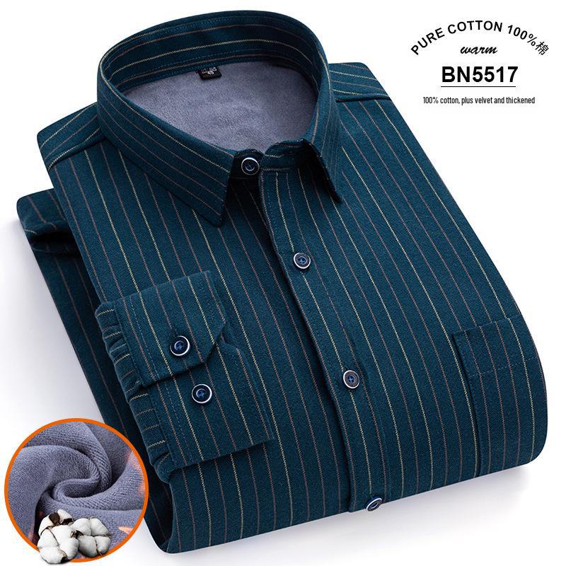 Men's Long Sleeve Cotton Plaid Shirt with Velvet Lining
