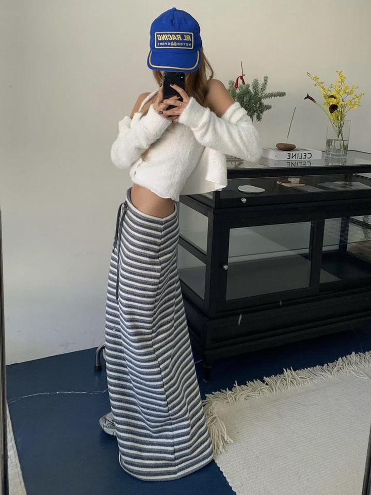 Korean Striped Color Block Lace-up Long Skirt - Spring/Autumn 2026 Collection