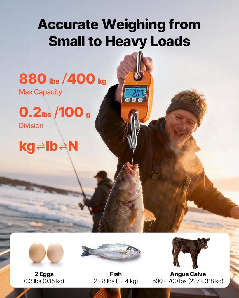 Digital Crane Scale, 880 lbs/400 kg Max Capacity, Handheld Hanging Scale with Cast Aluminum Case & LCD Display, 100 g Division & 3 Unit Switch,