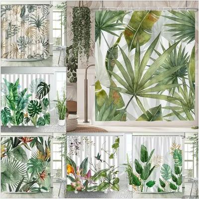Tropical Plants Floral Shower Curtains Beige Green Palm Leaves Flowers Nordic Decor Bathroom Polyester Bath Curtain with Hooks