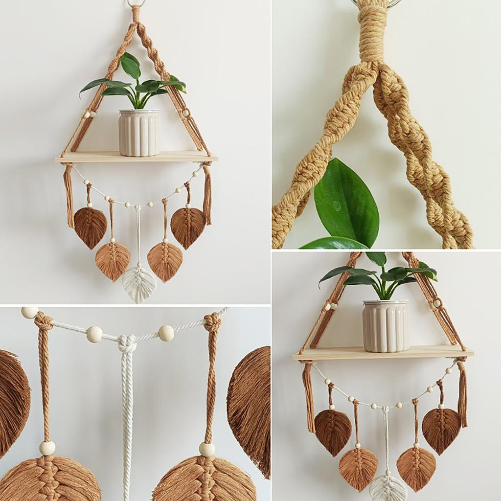 Boho Woven Wall Hanging Shelf Macrame Plant Holder & Storage Rack for Home Decor Khaki