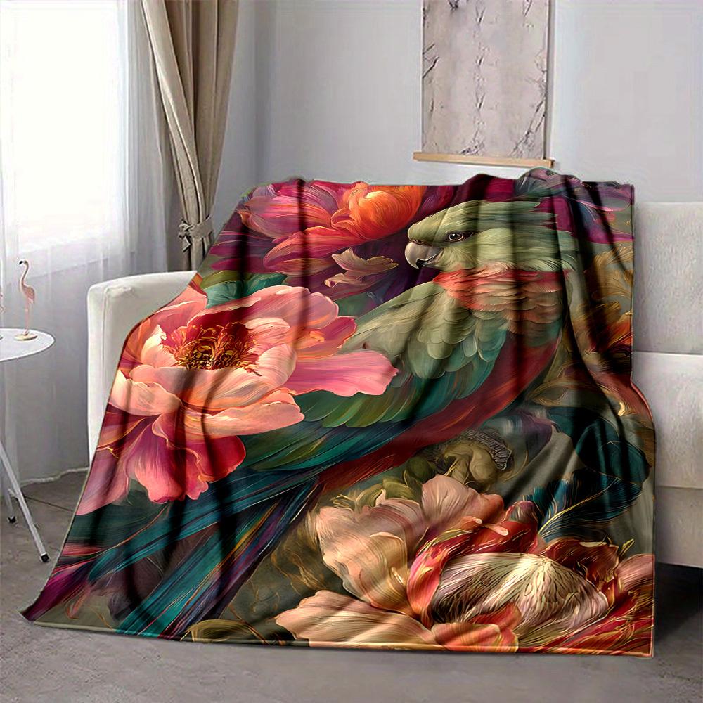 1pc Parrot Blossoms Lightweight Flannel Blanket, Comfortable and Warm Blanket, for Office and Camping Sofa Bed, Livingroom138