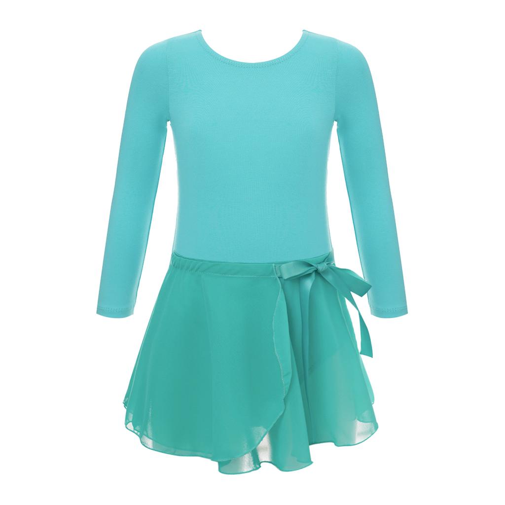 Kids Girls Cotton Long Sleeves Ballet Dance Gymnastics Leotard with Chiffon Skirt Outfit Set