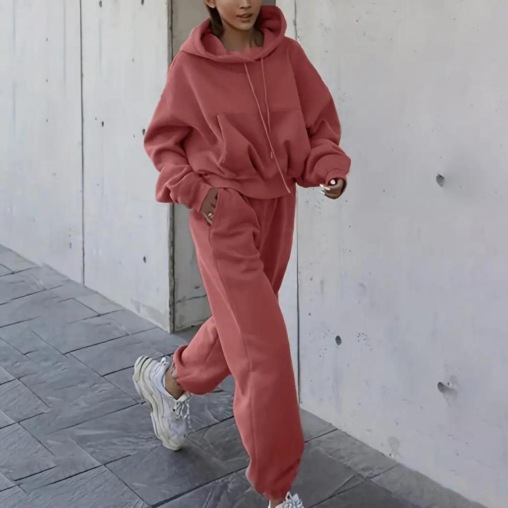 Women Solid Color Long Sleeve Hooded V Neck Hoodies Suit Autumn Winter Loose Top Wide Leg Pants