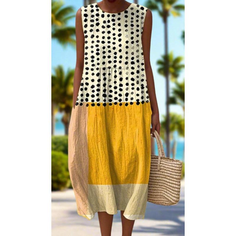 Summer new sleeveless pocket casual printing temperament long dress dress slim dress