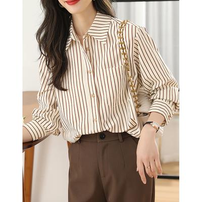 Kaffee Gestreiftes Langarmshirt für Damen Im Herbst Neue Altersreduzierende Mode Lässiges Hemd Oberteil