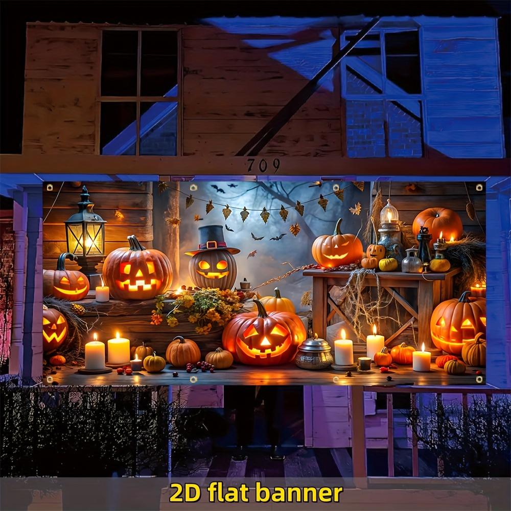 2D Flat Banner 1 Piece Halloween Garage Banner Cute Pumpkin Lantern Background Happy Party Decoration