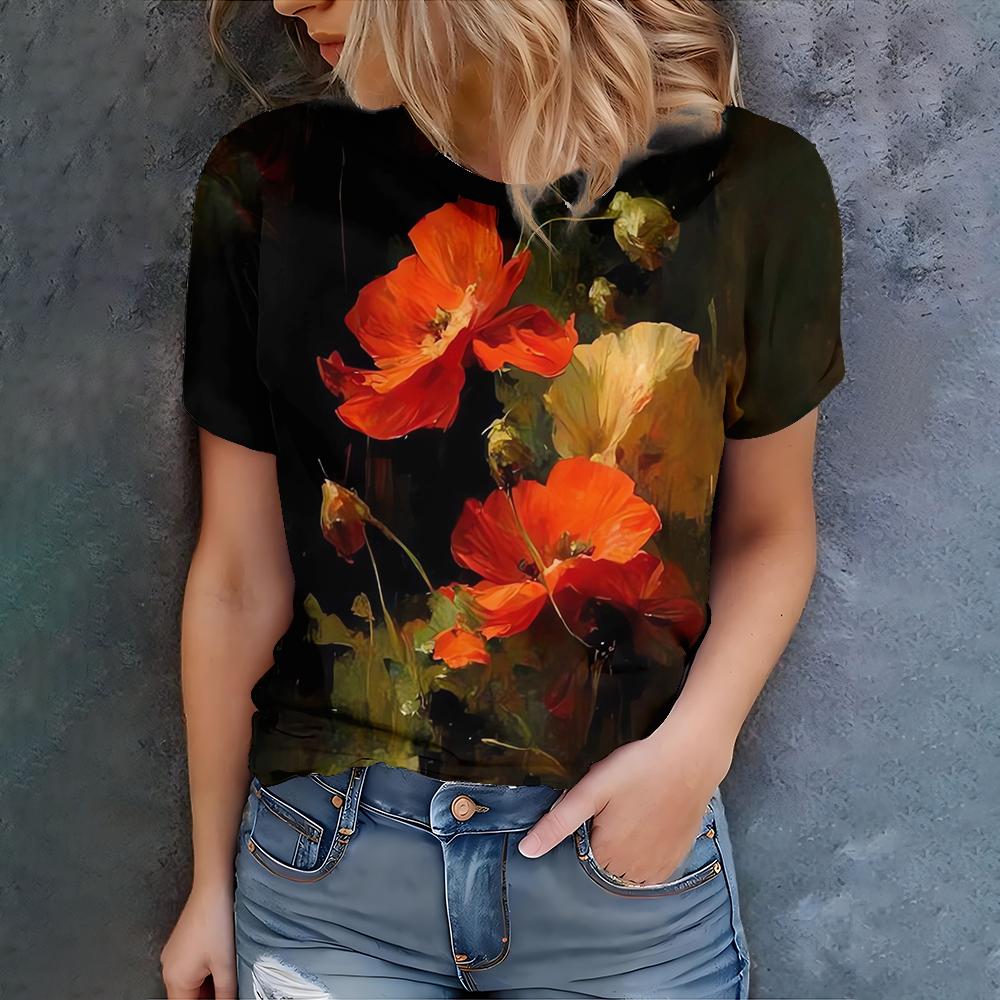 Women s new fashionable and elegant short sleeved T-shirt summer women s noble retro flower 3D printed top T-shirt S