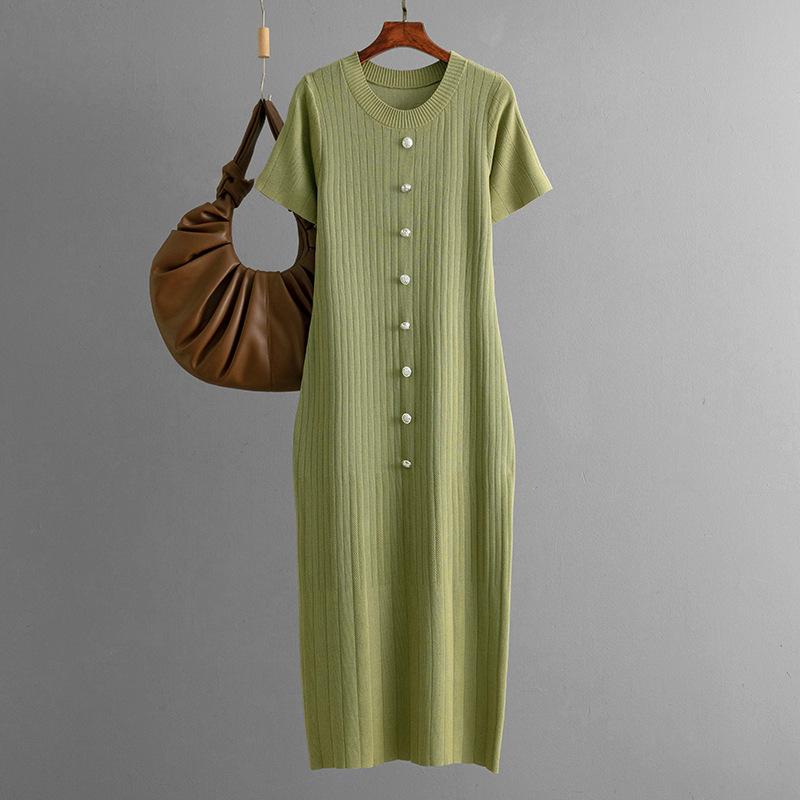 Fashionable Single Breasted Round Neck Knitted Long Dress Summer Hip Hugging And Slimming Knitted Dress