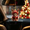 Cute Cat Christmas Decor Santa Ornament, Acrylic Car Mirror Hanging with Holiday Gift Packaging Embellishments Reindeer Antlers, 2D Bag Charm