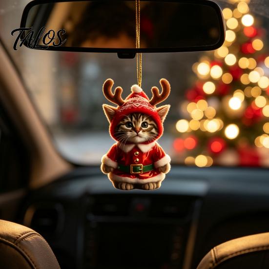 Cute Cat Christmas Decor Santa Ornament, Acrylic Car Mirror Hanging with Holiday Gift Packaging Embellishments Reindeer Antlers, 2D Bag Charm