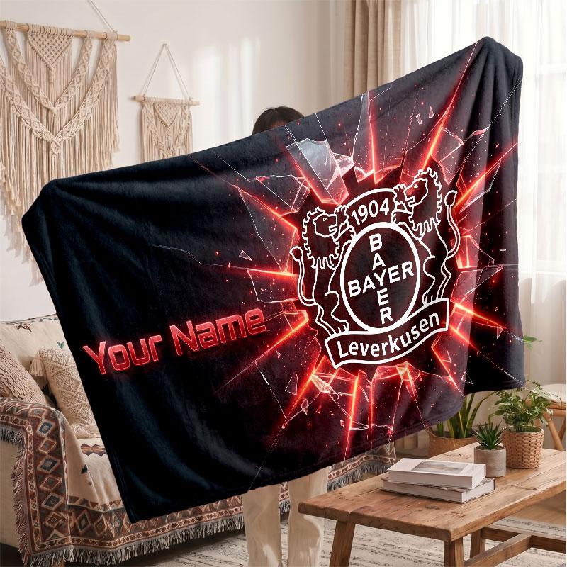 Bayer Leverkusen Football Personalized Fleece Blanket With Football Logo, Custom Name Text Soft Warm Home Throw Blanket