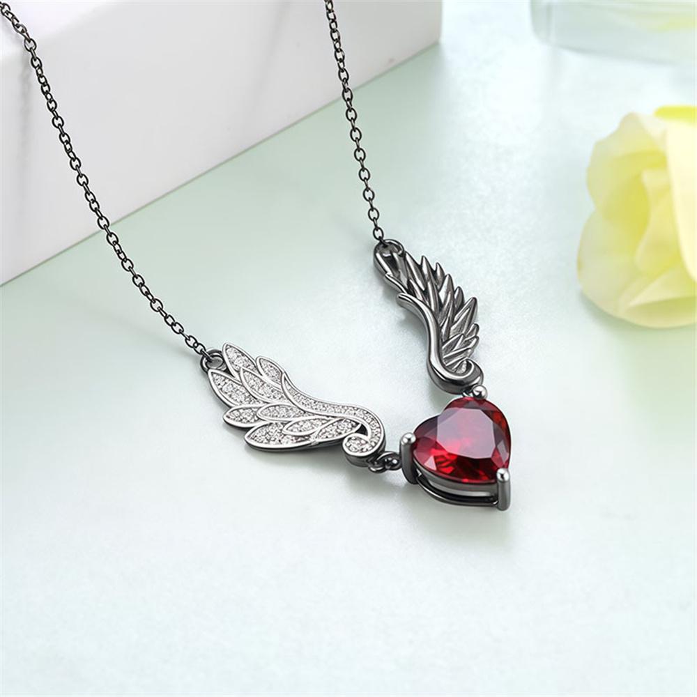 Gothic Female Red Zircon Stone White Wing Heart Pendant Necklace Black Color Wedding Jewelry For Women
