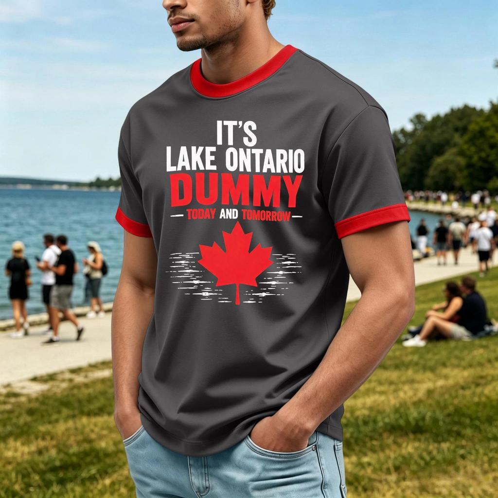 Top casual moda da uomo con stampa Lago ONTARIO, girocollo, elasticizzato, manica corta (, TRUE NORTH GRANDE, EST. 1615)