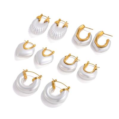 Stainless Steel Hoop Earrings Gold Color Huggie Earrings Vintage Resin Pearl Earrings  Gift