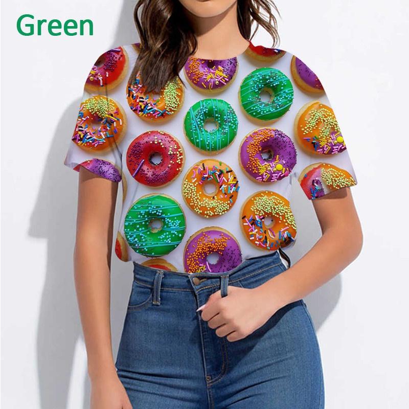

Летняя модная женская повседневная футболка с 3D принтом шоколадных пончиков, забавные топы с короткими рукавами и принтом еды, хлеба 6XL