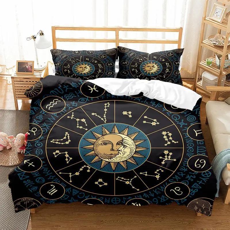 Sun Moon Zodiac Bedding Set King Queen Size Twelve Constellations Duvet Cover Adults Astrology Polyester Comforter