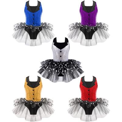 Bambine Senza Maniche Schiena Cava Decorazione Paillettes Stampa a Pois Tutù Abito da Ballo in Rete Body Abiti da Balletto Pattinaggio Artistico