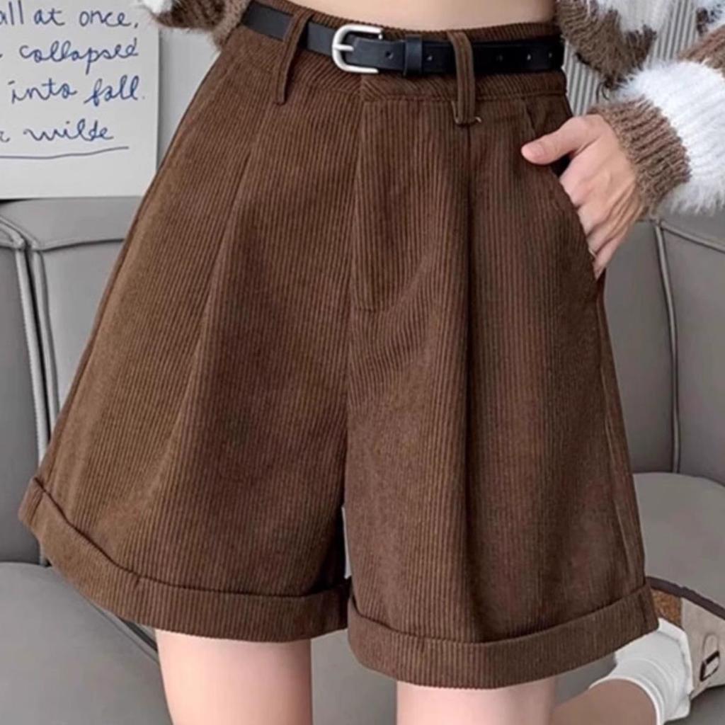 High-Waisted Corduroy A-Line Bootcut Shorts for Women - Coffee Color, Casual Autumn/Winter Wear