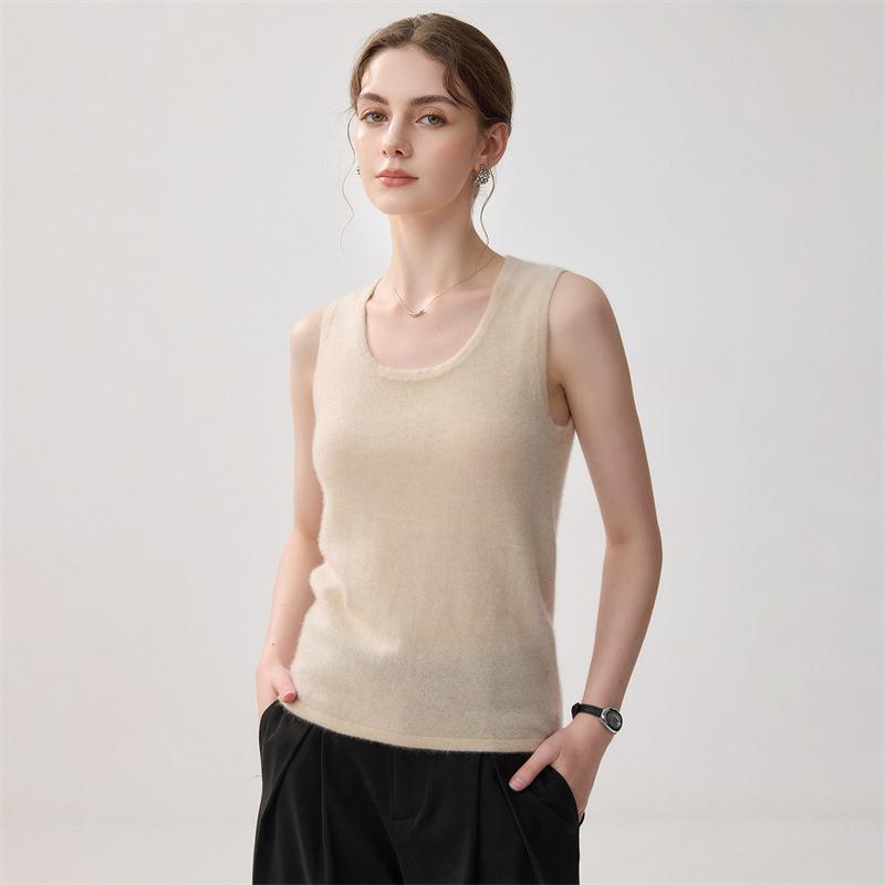 Lekasha Women's Cashmere U-Neck Camisole Sweater - Autumn/Winter Solid Color Knit