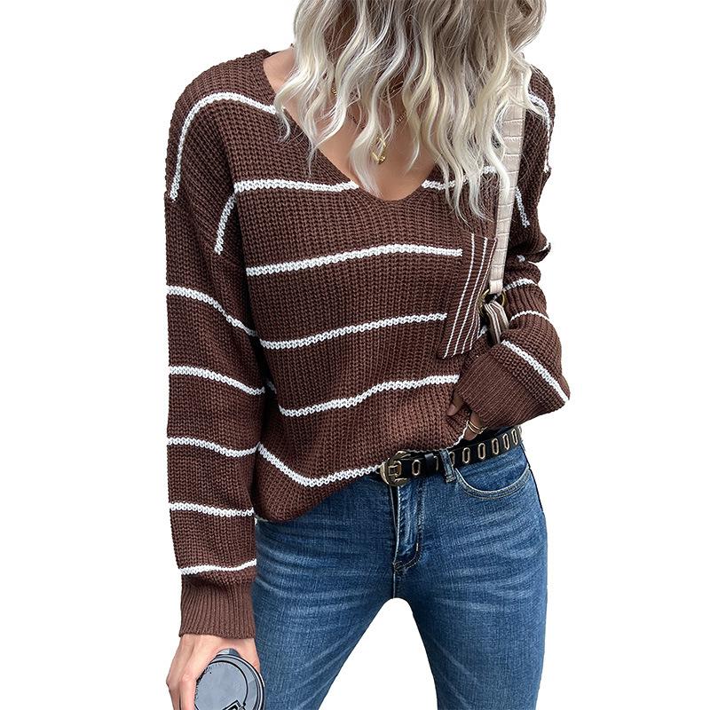 Vintage Fashion Elegant Casual Women's Fall and Winter Women's V-neck Long-sleeved Striped Sweater Women